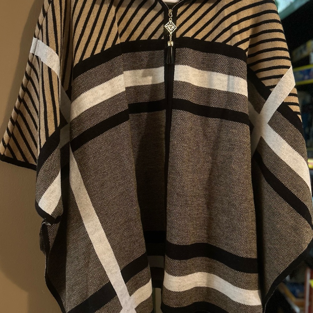 Anne Klein Black and Cream Striped Poncho